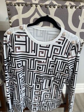 Geometric Black & White Button Shoulder Top